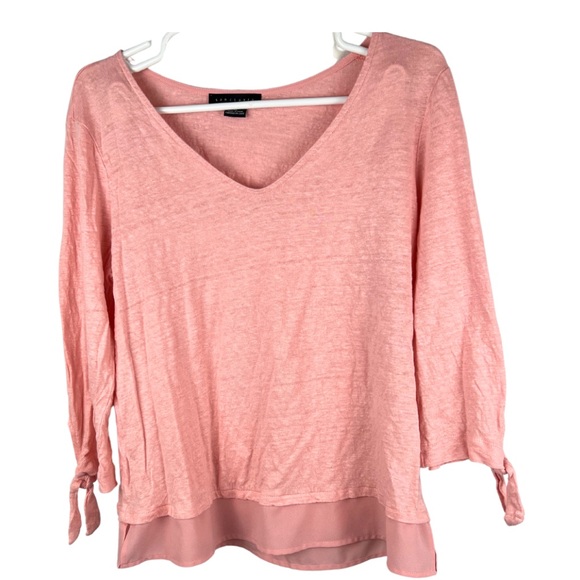 Sanctuary linen pink tie 3/4 sleeve top sheer trim spring summer lightweight XL - Picture 2 of 7